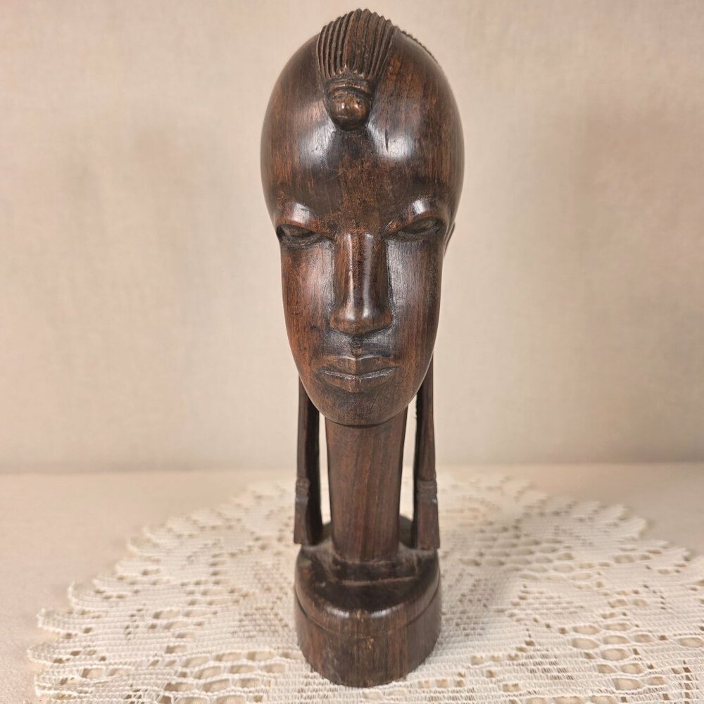 Authentic African Ebony Maasai Tribal Head Sculpture Handcrafted Wooden Art - Picture 5 of 8